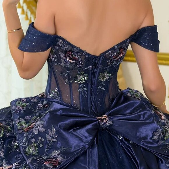 New Navy Satin Ball Gown w/ Floral Lace Embroidery & Oversized Back Bow GL3793 - Picture 11 of 14